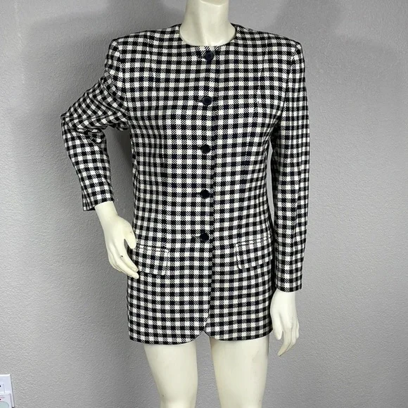 Salvatore Ferragamo Black White Checkered Plaid Blazer Mini Dress Jacket Sz 4